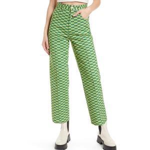 Green checkered print jeans